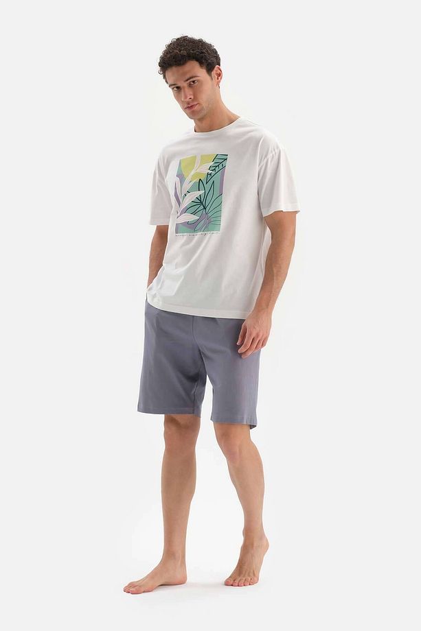 Ekru Oversize Bis Yaka Baskılı Şort Pijama Takımı - 1