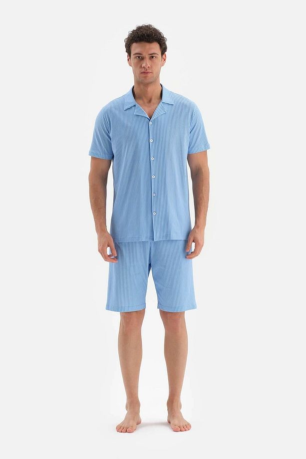 Mavi Gömlek Yaka Metraj Baskılı Şort Pijama Takımı - 1