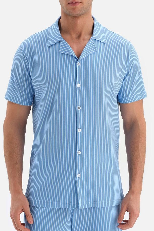 Mavi Gömlek Yaka Metraj Baskılı Şort Pijama Takımı - 4