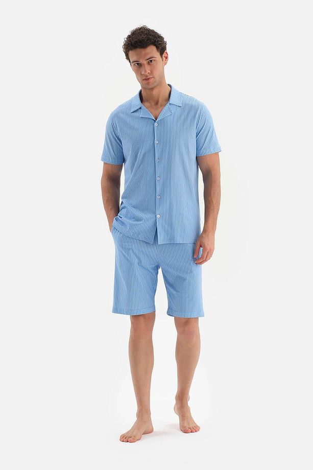 Mavi Gömlek Yaka Metraj Baskılı Şort Pijama Takımı - 6