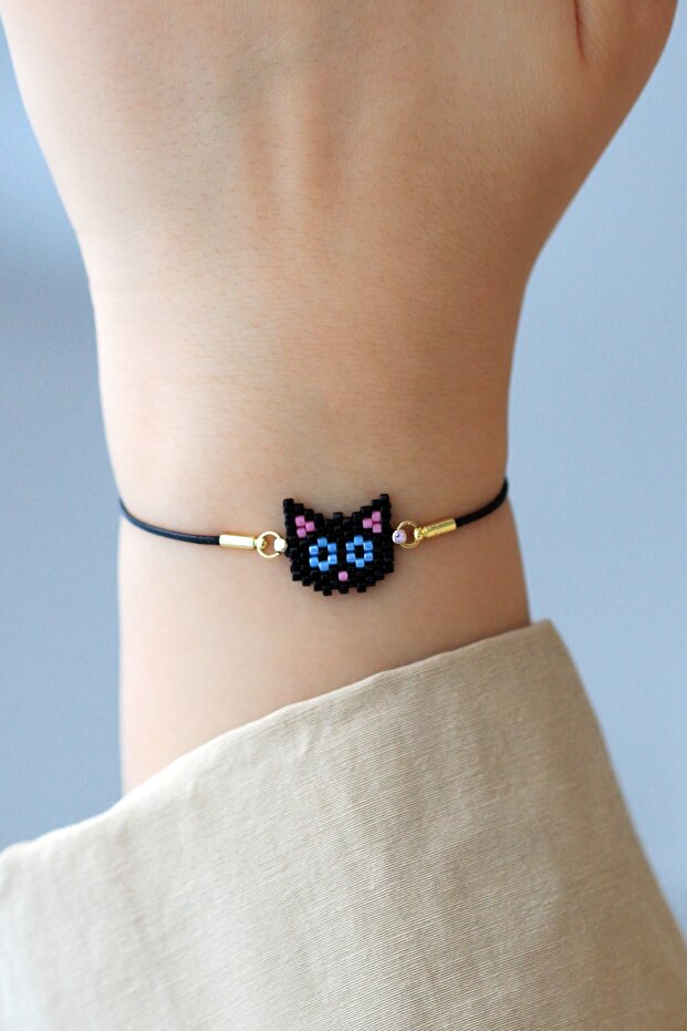 Ka-011 Miyuki Cat Bracelet - Handmade - Black