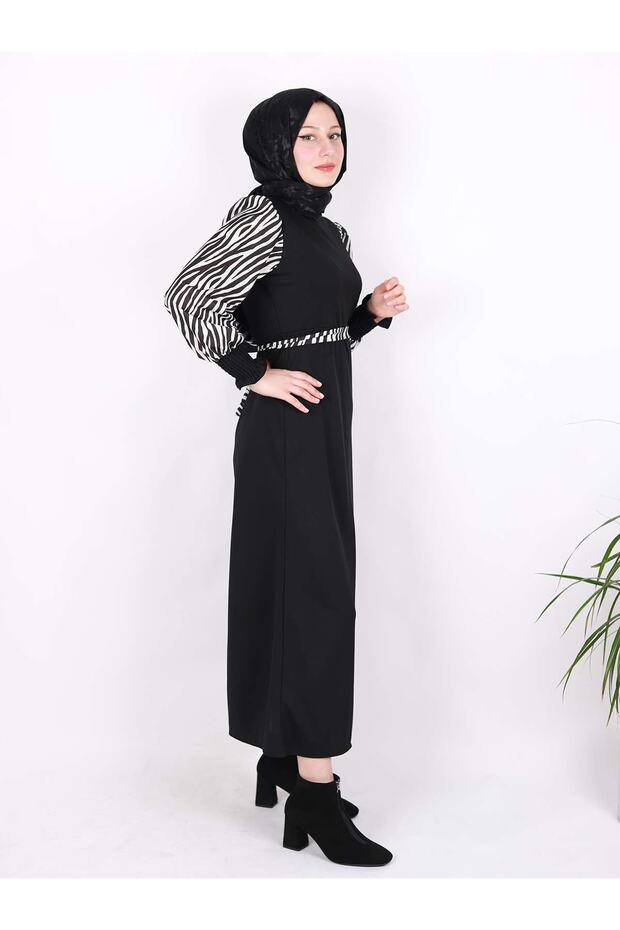 Kolları Zebra Desenli Uzun Kol Elbise - 4