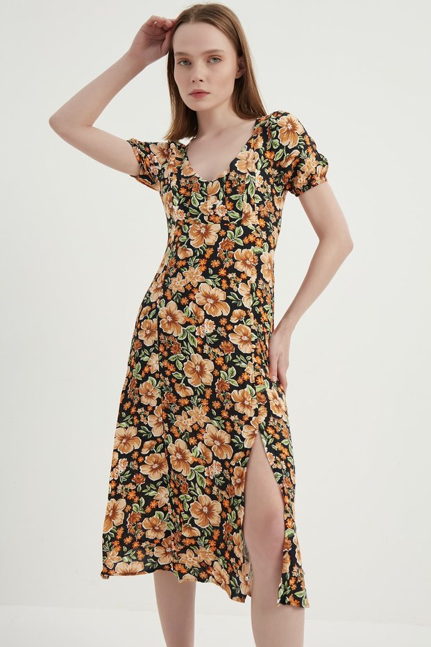 Women's Orange V-Neck Floral Viscose Dress