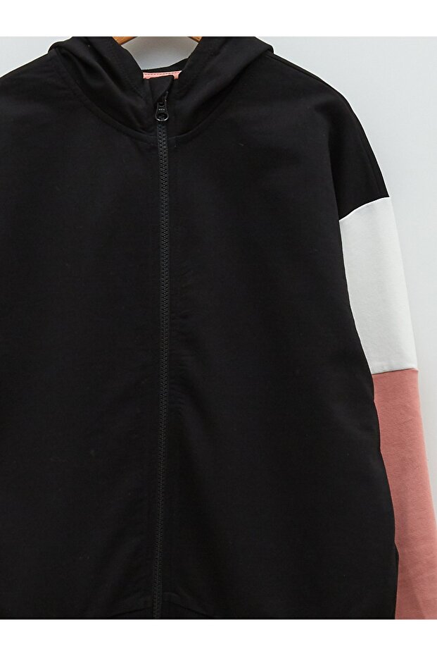 Kapüşonlu Renk Bloklu Uzun Kollu Kız Çocuk Fermuarlı Sweatshirt - 3