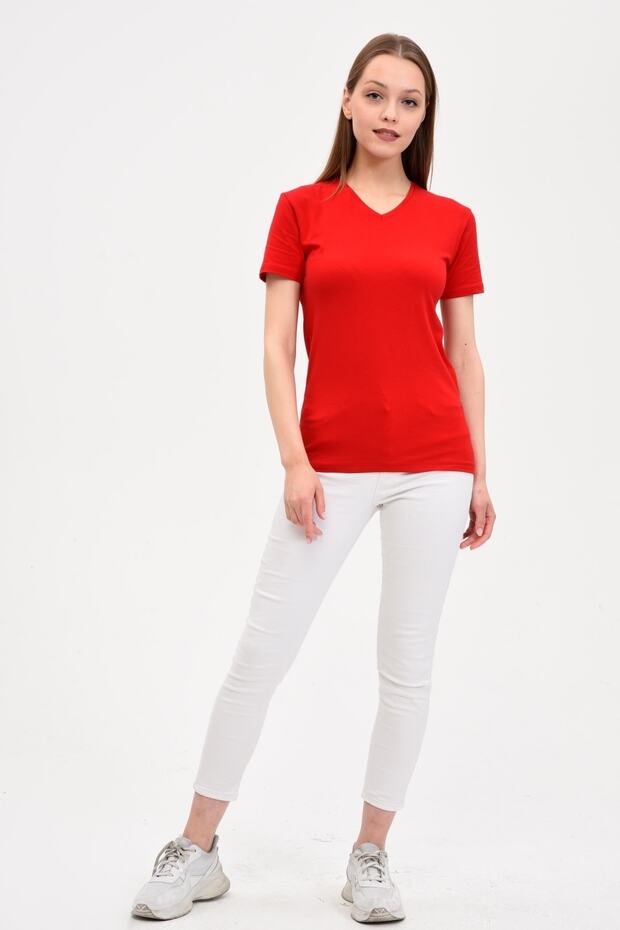 Kadın V Yaka Basic Kırmızı Tişört - 3