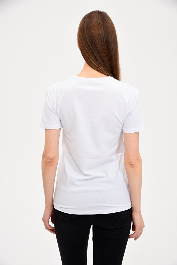 Kadın V Yaka Basic Beyaz Tişört - 4