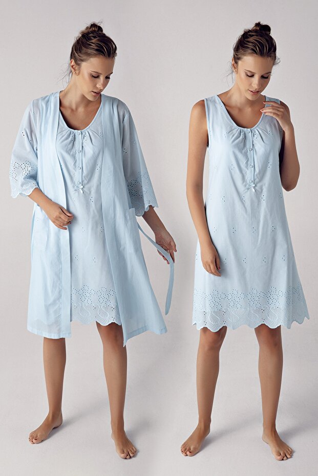 Blue Woven Cotton Maternity Maternity Nightgown and Dressing Gown Set