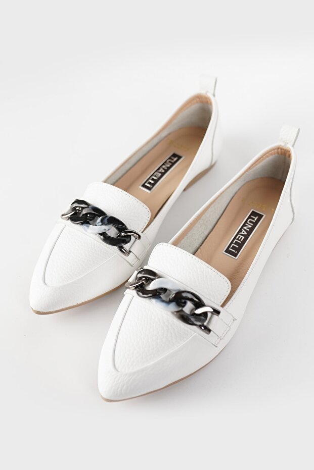 Women's White Genuine Natural Leather Ballerinas with Chain, Size 36-41
