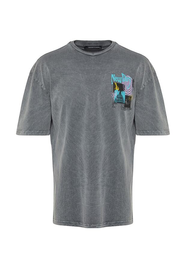 Antrasit Oversize/Geniş Kesim Bisiklet Yaka Kısa Kollu Asit Yıkamalı Baskılı T-Shirt TMNSS22TS0838 - 8
