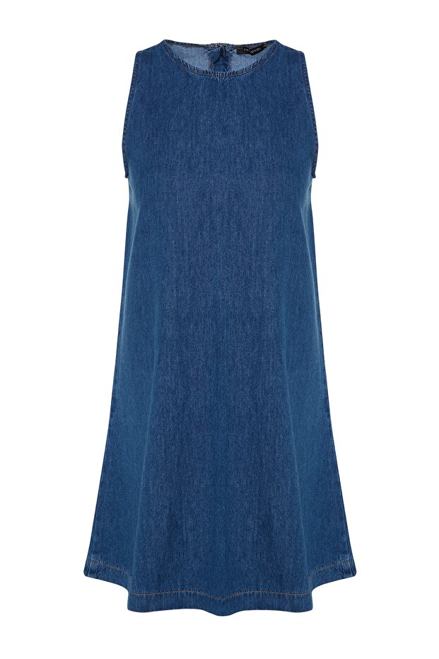 Koyu Mavi Volanlı Oversize Mini Denim Elbise TWOSS23EL01942 - 6