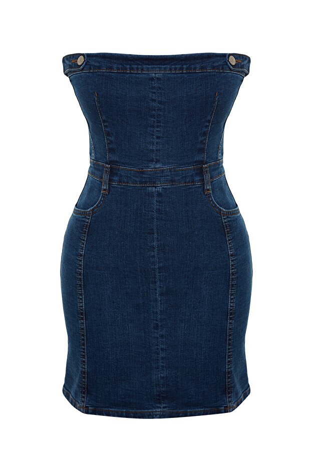 Mavi Düğme Detaylı Comfort/Esnek Straplez Mini Denim Elbise TWOSS23EL01731 - 6