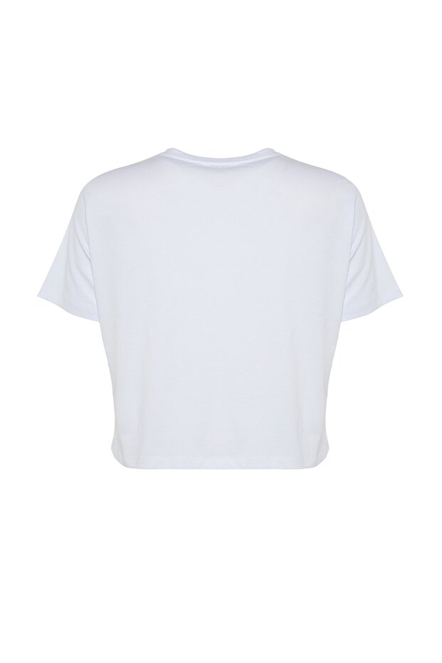 Beyaz Regular Bisiklet Yaka Dikiş Detaylı %100 Pamuk Örme Crop Büyük Beden T-Shirt TBBSS23BF00037 - 7