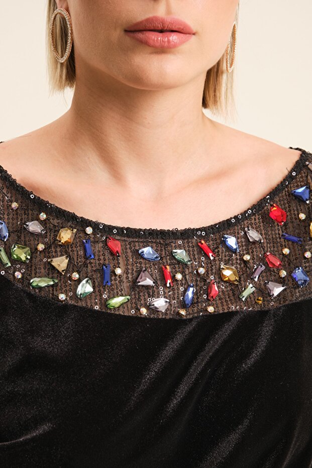 Işlemeli Kadife Abiye Elbise - 2