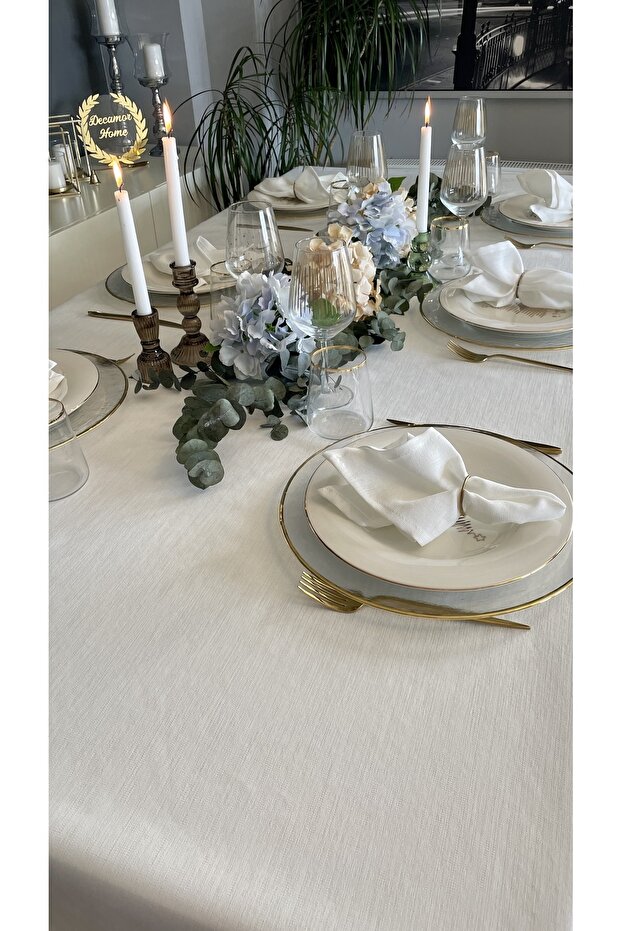 Linen Textured White Tablecloth - 4