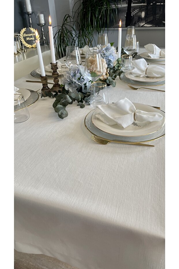 Linen Textured White Tablecloth - 8