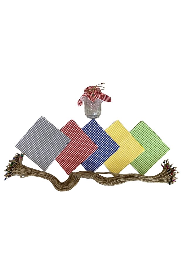 50 Pieces Mixed Color Gingham Jar Lid Fabric (COVER) and Beaded Binding Rope