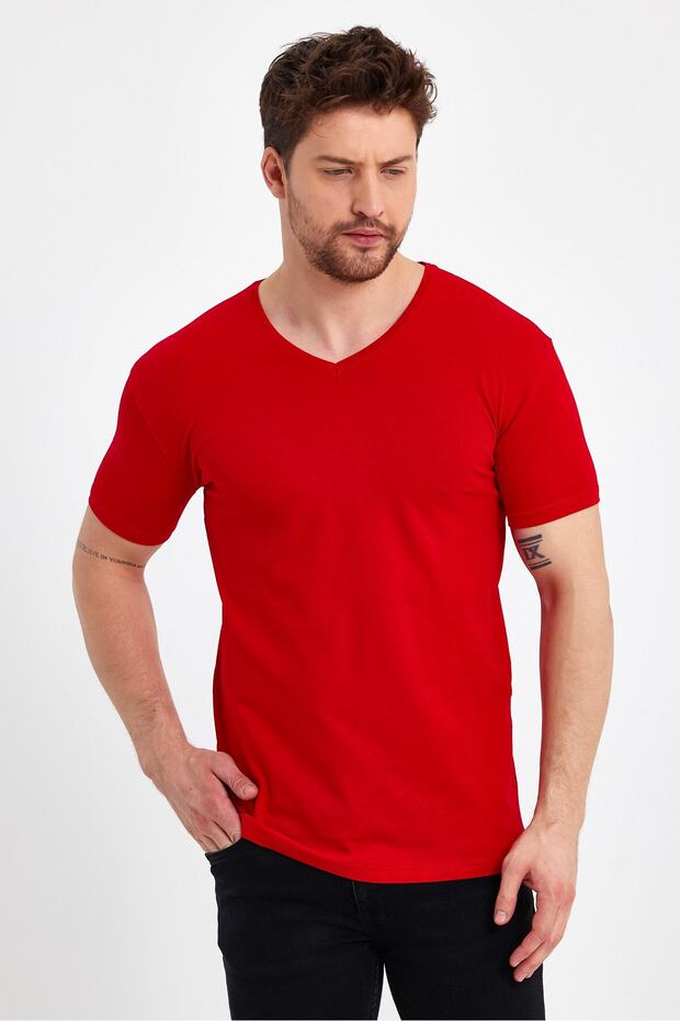 Men's V-Neck Basic Red T-Shirt - 3