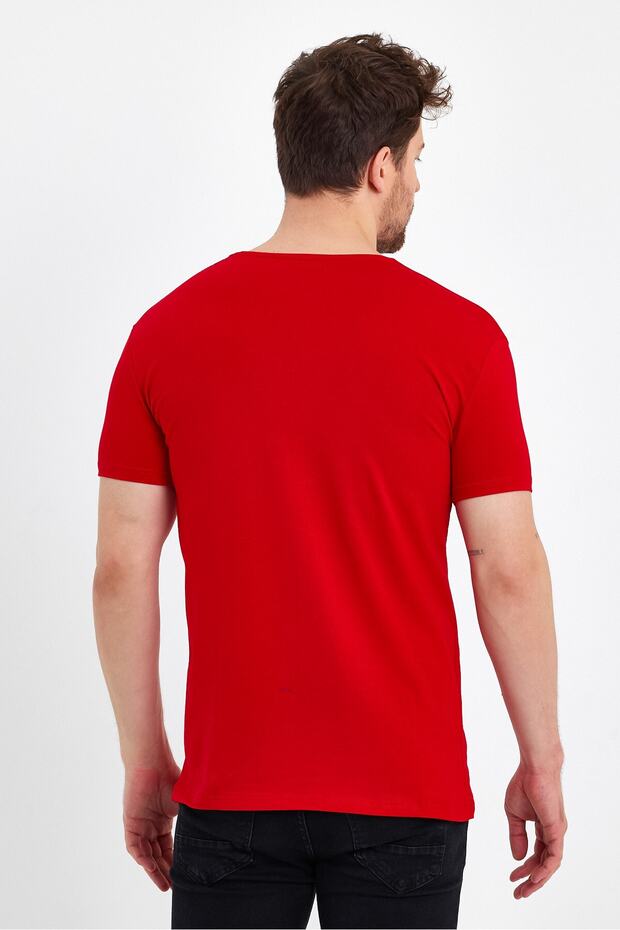 Men's V-Neck Basic Red T-Shirt - 4