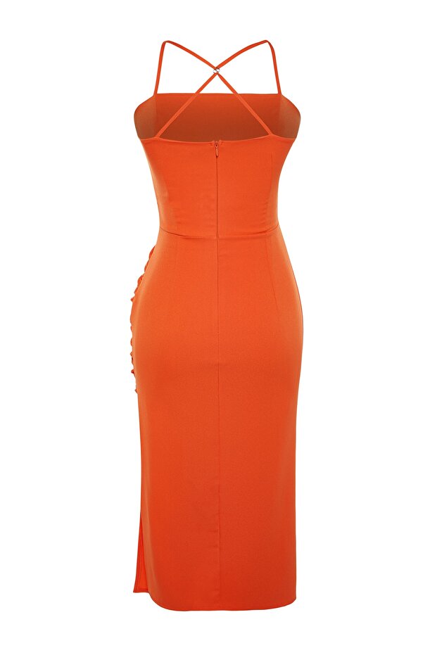 Turuncu Drape Detaylı Dokuma Midi Şık Abiye Gece Mezuniyet Elbisesi TPRSS23EL00543 - 8