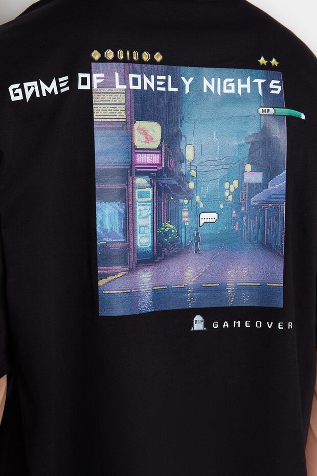 Siyah Oversize/Geniş Kesim Kısa Kol Game Over Sırt Baskılı %100 Pamuk T-Shirt TMNSS23TS00247 - 6