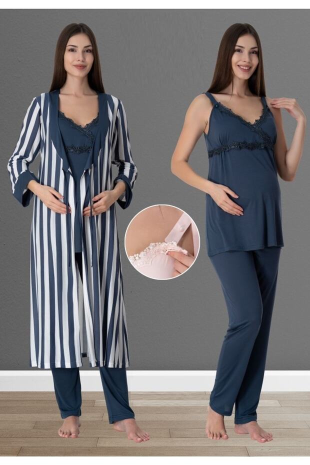 Navy Blue Striped Cotton Pajamas and Dressing Gown Set for Pregnant and Maternity - Effortt