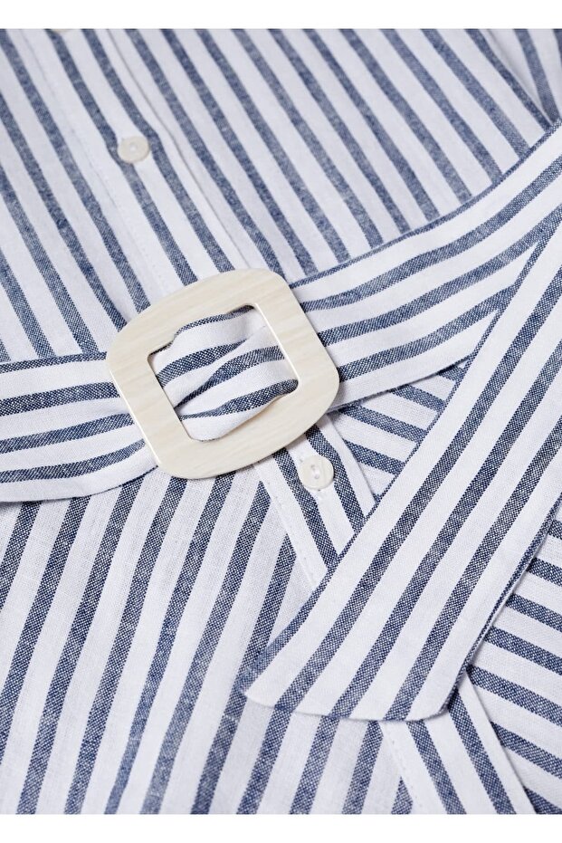 Çizgili Keten Gömlek Elbise - 5