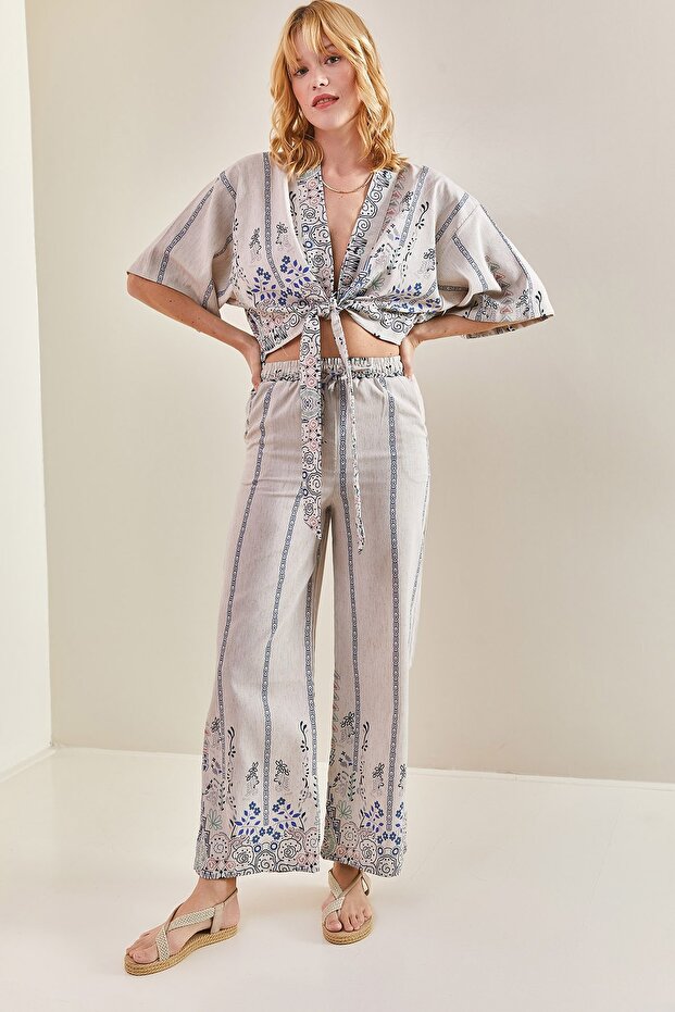 Women's Blue Multi Patterned Front Tie Linen Top and Bottom Set 40801013