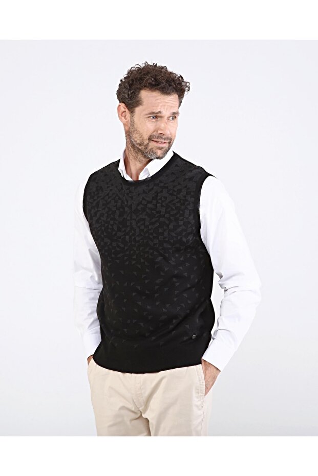 Men's Crew Neck Black Knitwear Sweater Patterned Colorful Winter Steel Knit Classic Fit