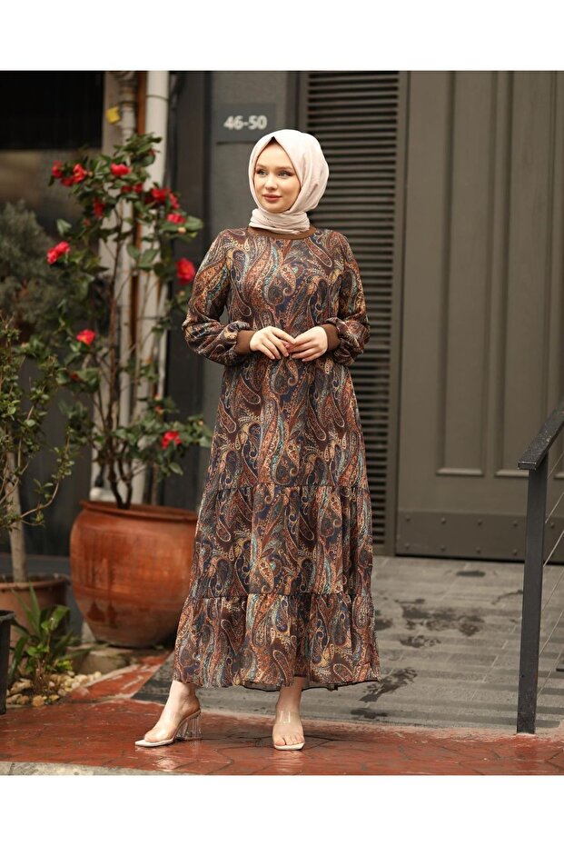 Women's Hijab Shawl Patterned Lined Chiffon Dress