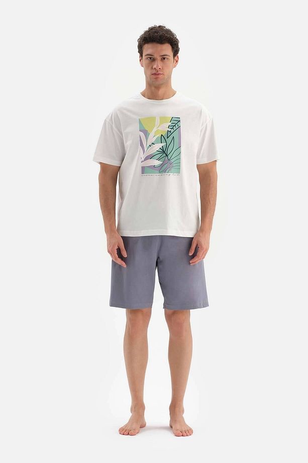 Ekru Oversize Bis Yaka Baskılı Şort Pijama Takımı - 6