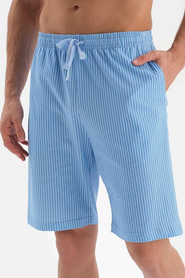Mavi Gömlek Yaka Metraj Baskılı Şort Pijama Takımı - 5