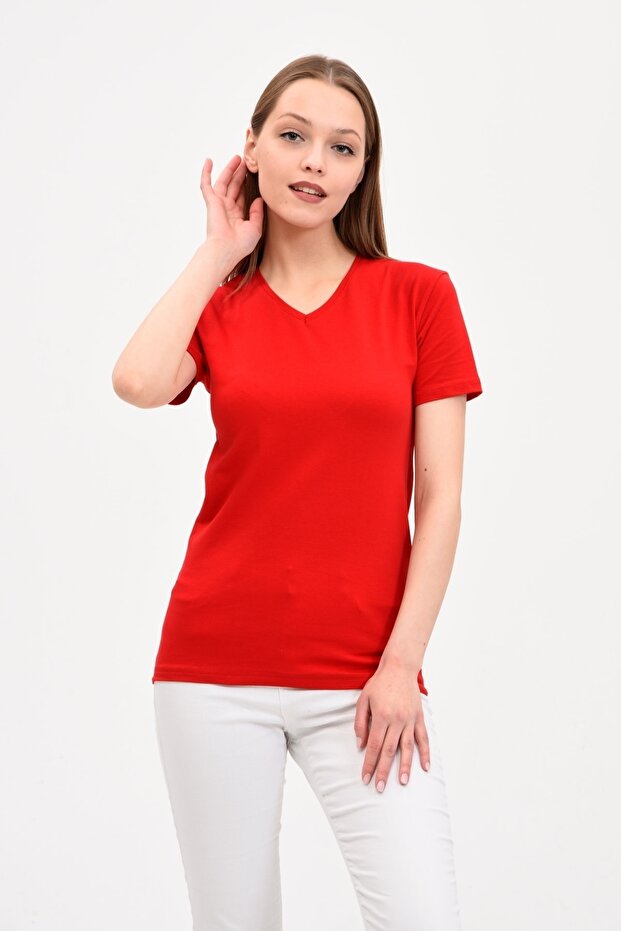 Kadın V Yaka Basic Kırmızı Tişört - 2