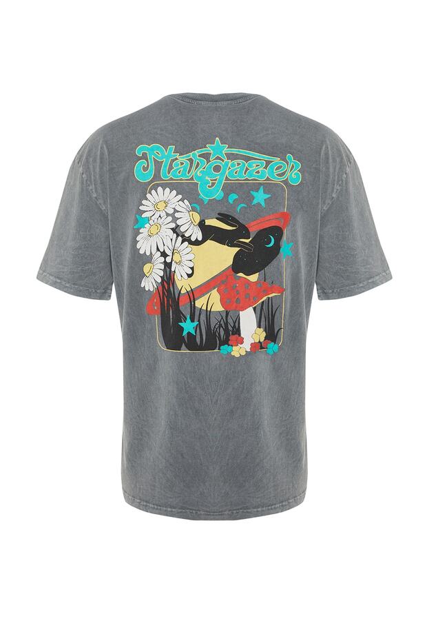 Antrasit Oversize/Geniş Kesim Soluk Efektli Mistik Baskılı %100 Pamuklu T-Shirt TMNSS22TS0831 - 6