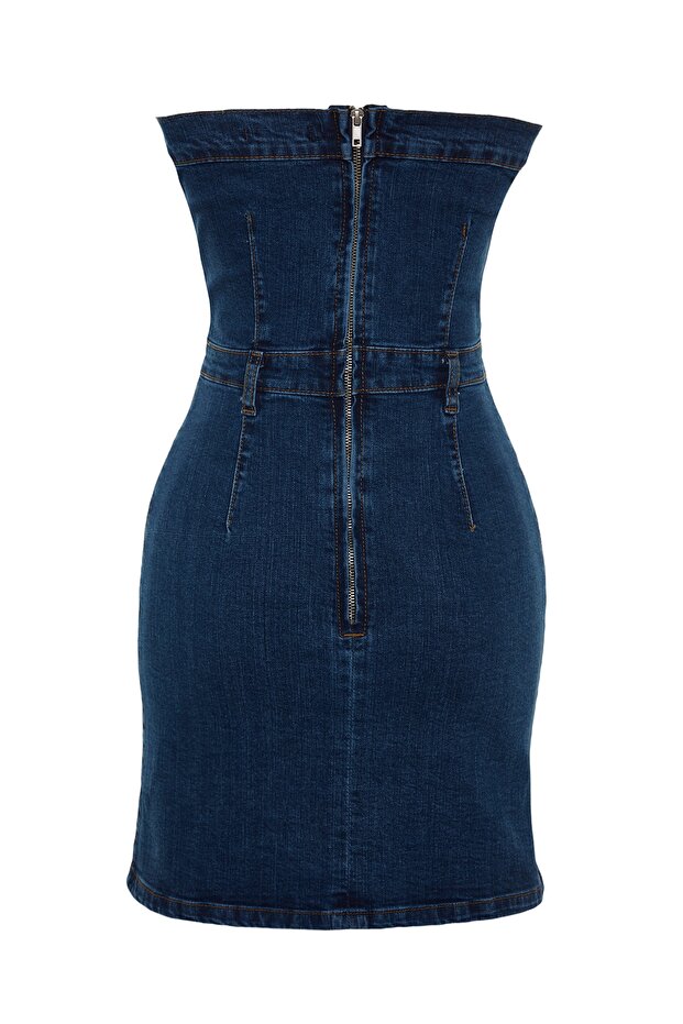Mavi Düğme Detaylı Comfort/Esnek Straplez Mini Denim Elbise TWOSS23EL01731 - 7