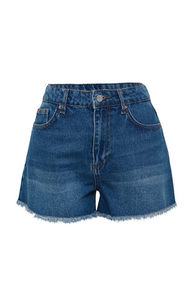 Koyu Mavi Paçası Yırtıklı Yüksek Bel Mini Denim Şort TWOSS23SR00220 - 10