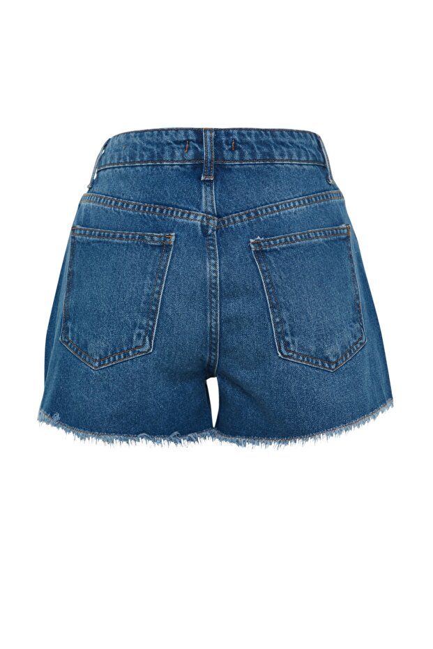Koyu Mavi Paçası Yırtıklı Yüksek Bel Mini Denim Şort TWOSS23SR00220 - 11