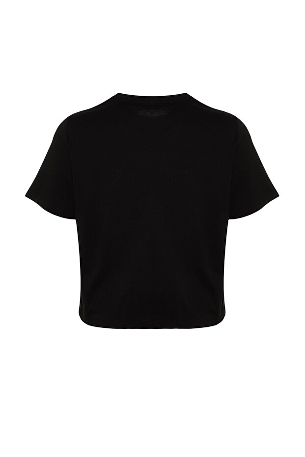 Siyah Bisiklet Yaka Dikiş Detaylı %100 Pamuk Örme Crop T-Shirt TBBSS23BF00037 - 6