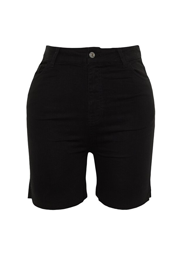 Siyah Yüksek Bel Esnek Skinny Fit Yanları Yırtmaçlı Büyük Beden Denim Şort & Bermuda TBBSS23AP00009 - 6