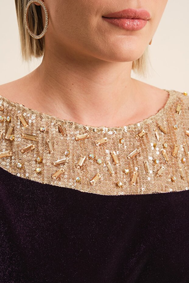 Işlemeli Kadife Abiye Elbise - 2