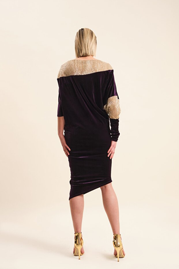 Işlemeli Kadife Abiye Elbise - 4