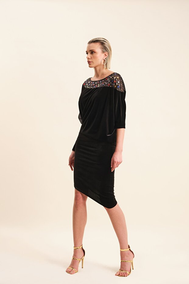 Işlemeli Kadife Abiye Elbise - 4