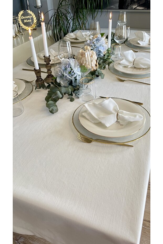 Linen Textured White Tablecloth - 3