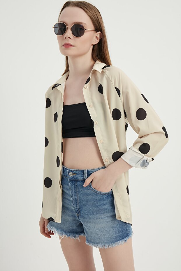 Women's Cream Polka Dot Shirt with Hidden Placket