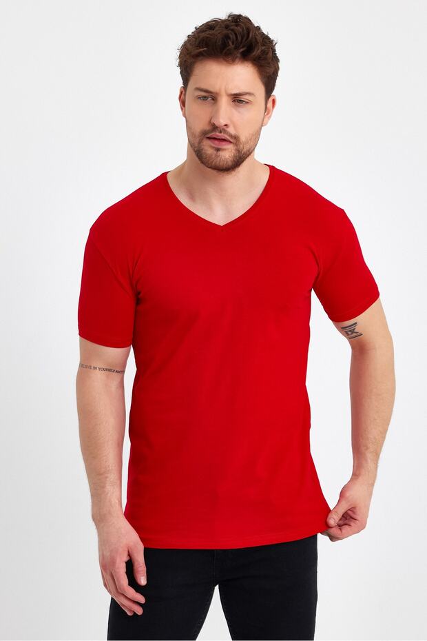 Men's V-Neck Basic Red T-Shirt - 1