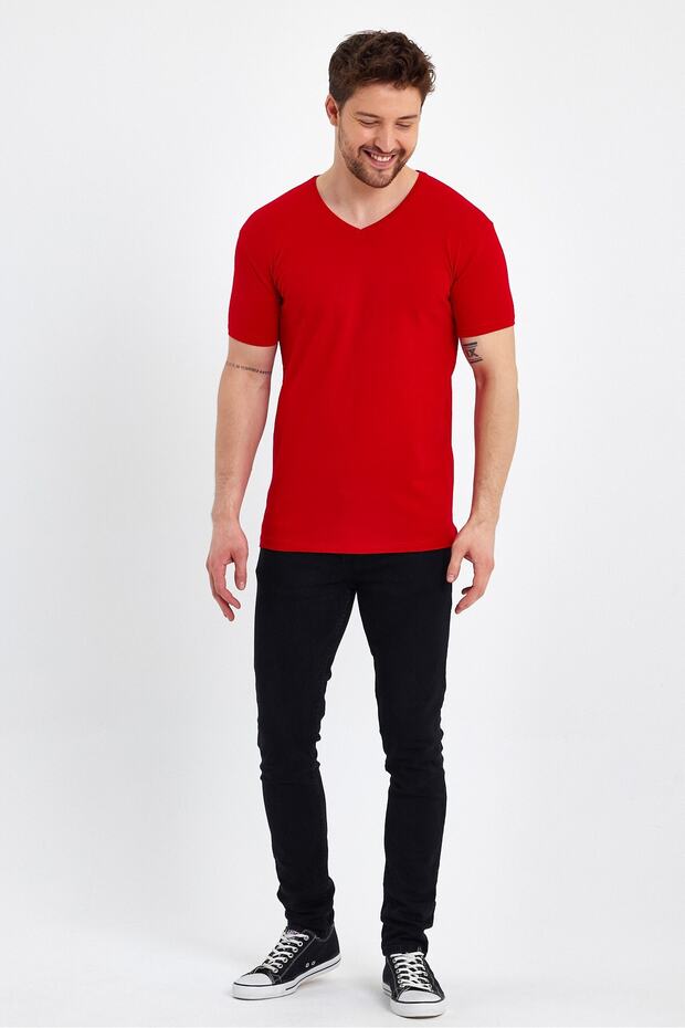 Men's V-Neck Basic Red T-Shirt - 2