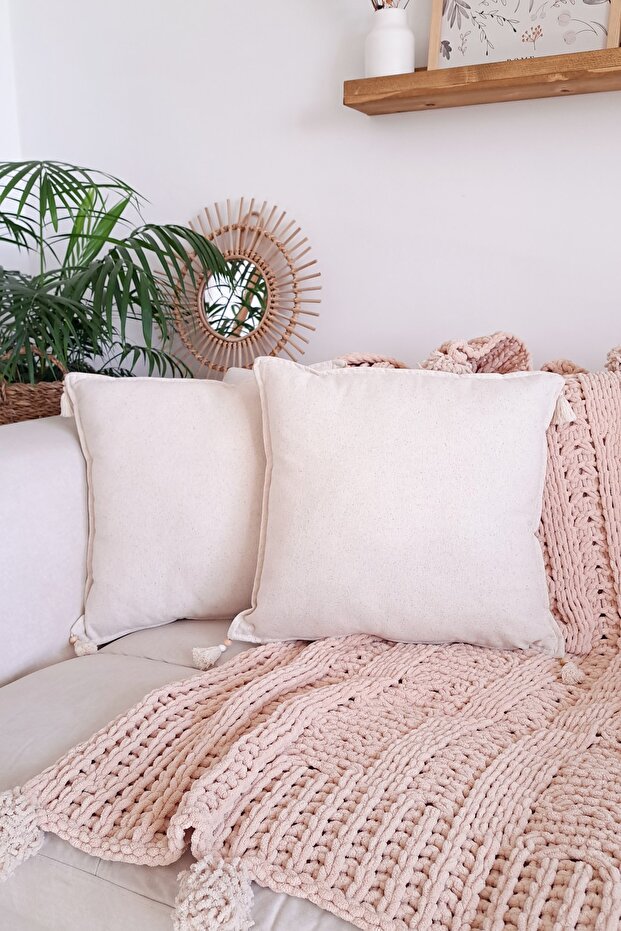 2-Piece Square Handmade Natural Linen Authentic Organic Cotton Tasseled Throw Pillow Cover