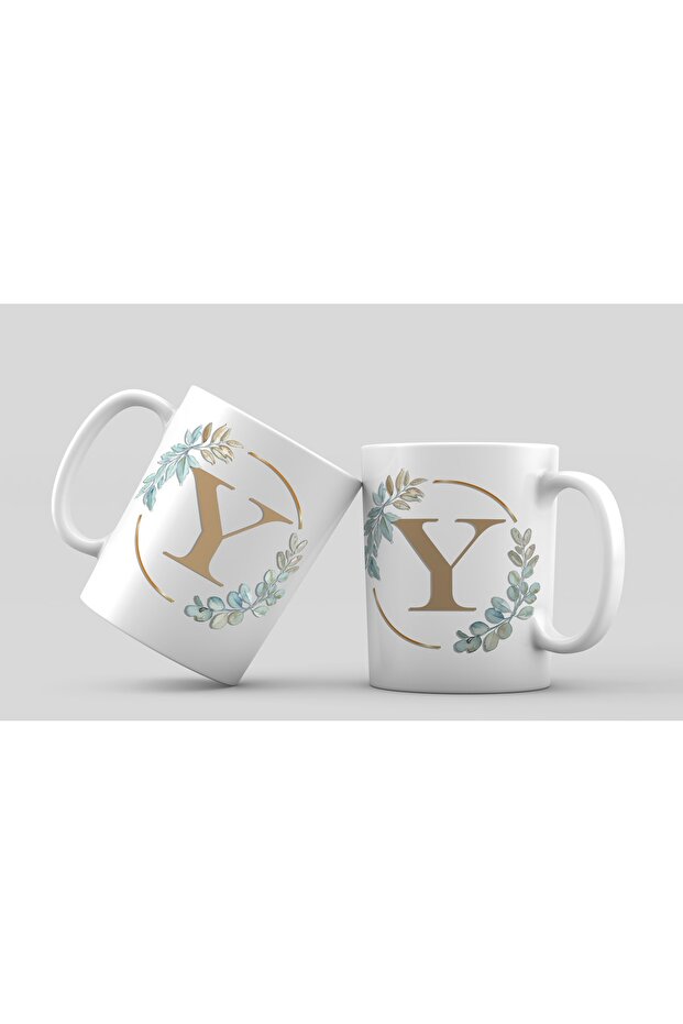 حرف Y - كوب بورسلين مطبوع بتصميم مؤطر
