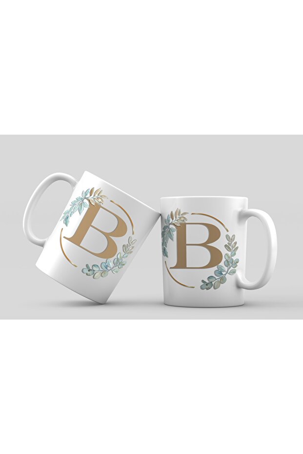 حرف B - كوب بورسلين مطبوع بتصميم مؤطر