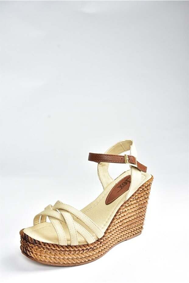 Damskie beżowe lniane buty na koturnie K674194105 - 6