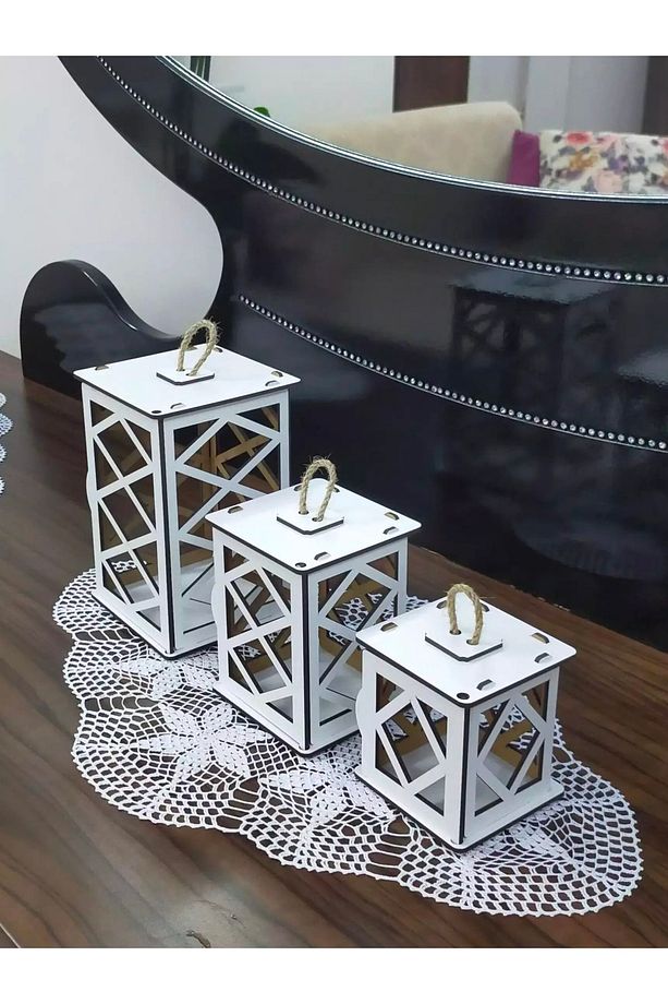3'lü Mini Ahşap Dekoratif Süs Fener Seti - 5